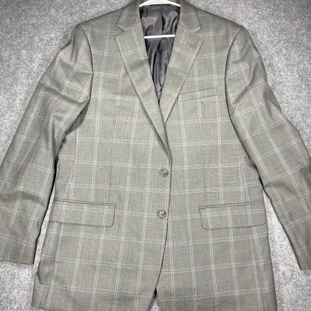 Calvin Klein Mens Grey Windowpane Plaid Suit Jacket Sport Coat 46L Slim Fit